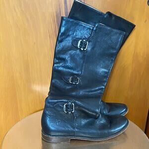 Frye Black Leather Upper & Soles Knee-High Boots Buckle Strap Detail